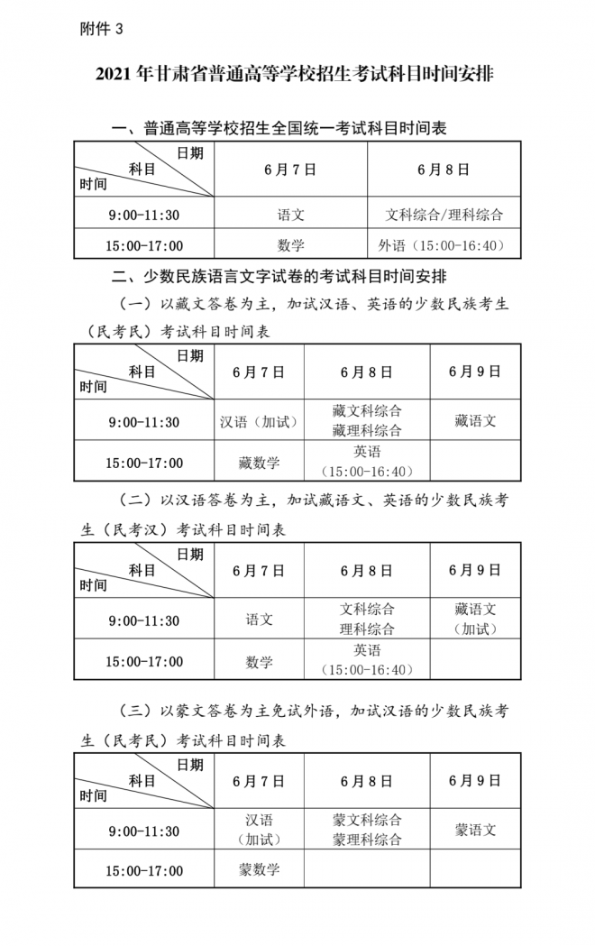 2021年甘肃普通高等学校招生工作安排及考试科目时间安排