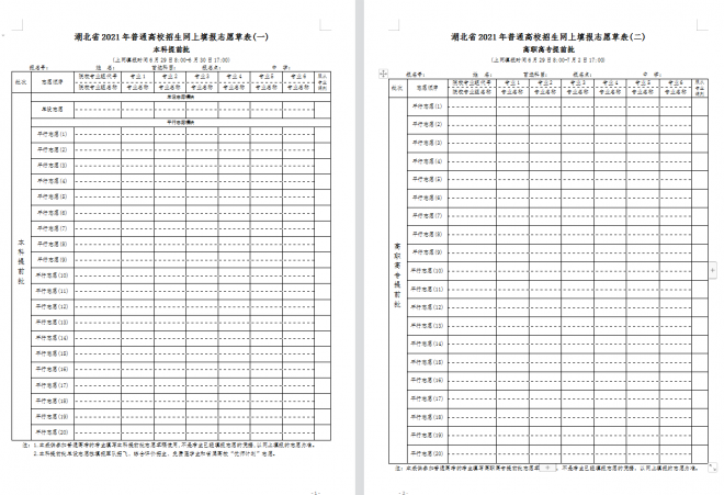 2021年湖北普通高校招生志愿草表及填写说明