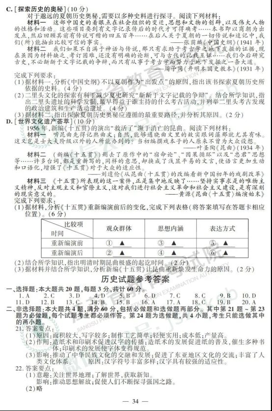 2019年江苏高考历史试题及答案