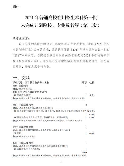 2021年四川本科第一批未完成计划院校第一次征集志愿通知