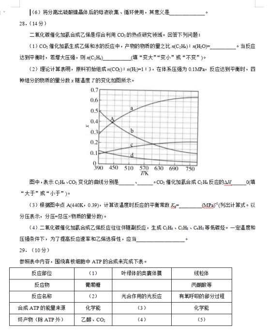 西藏2020高考理综试卷