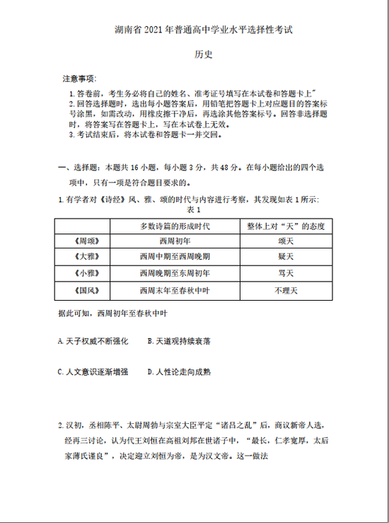 2021年高考历史真题及答案解析(新高考湖南卷)