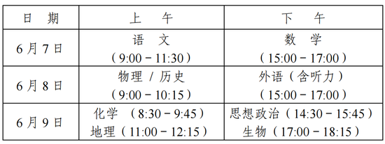 2021年湖南高考具体时间及科目安排