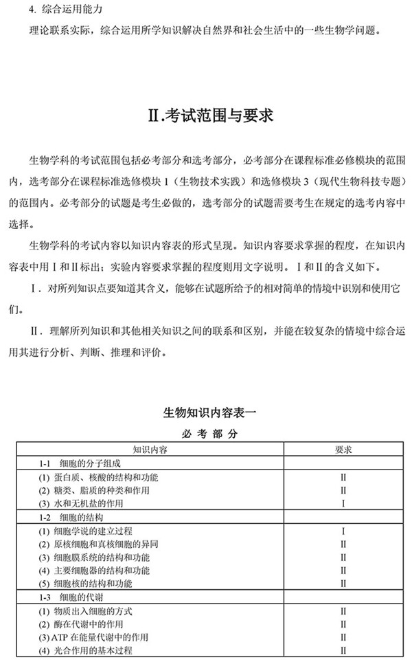 2021年高考生物考试大纲