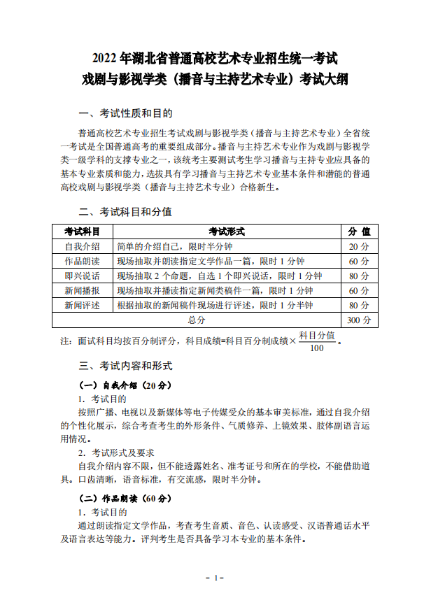 2022年湖北省艺术统考（播音与主持艺术专业）考试大纲