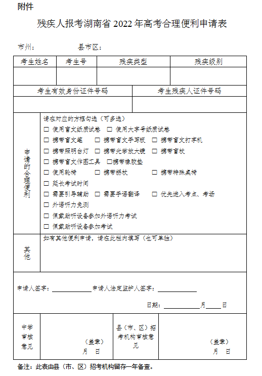 湖南关于做好残疾人参加2022年高考申请合理便利有关事项的通知