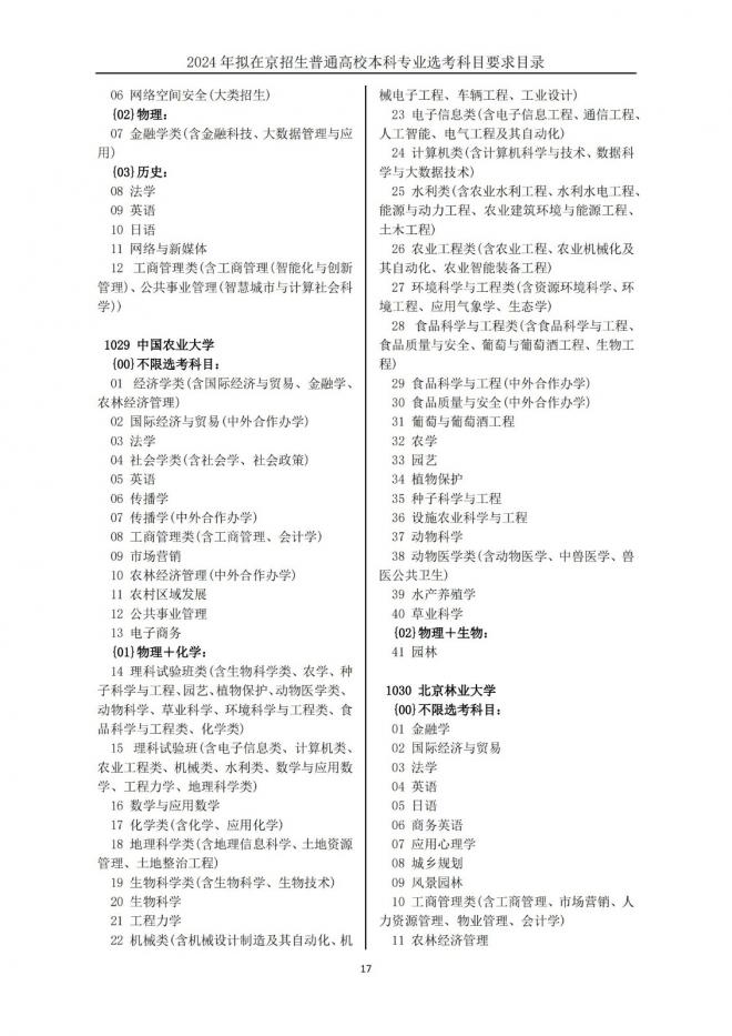 2024年拟在北京招生普通高校本科专业选考科目要求目录