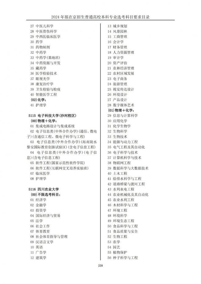 2024年拟在北京招生普通高校本科专业选考科目要求目录