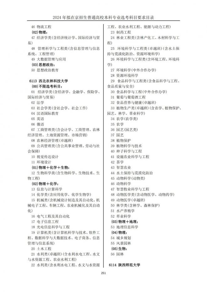 2024年拟在北京招生普通高校本科专业选考科目要求目录