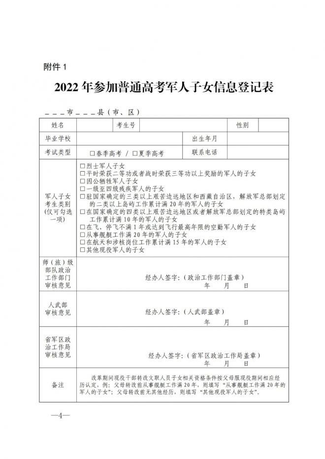 山东关于做好2022年参加高考军人子女信息报送工作的通知