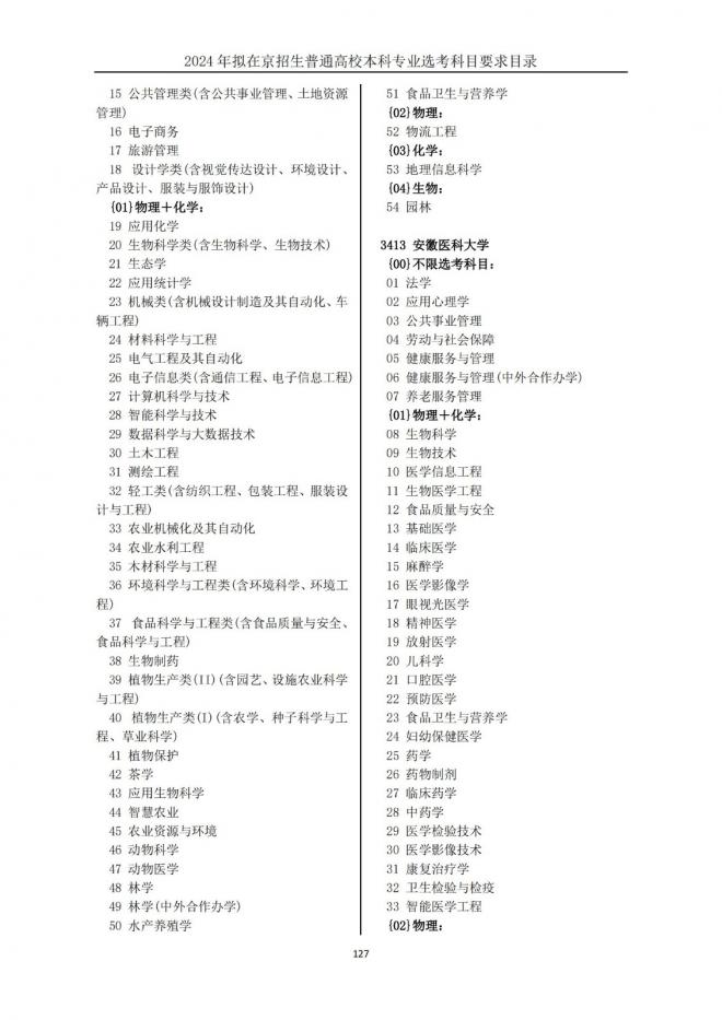 2024年拟在北京招生普通高校本科专业选考科目要求目录