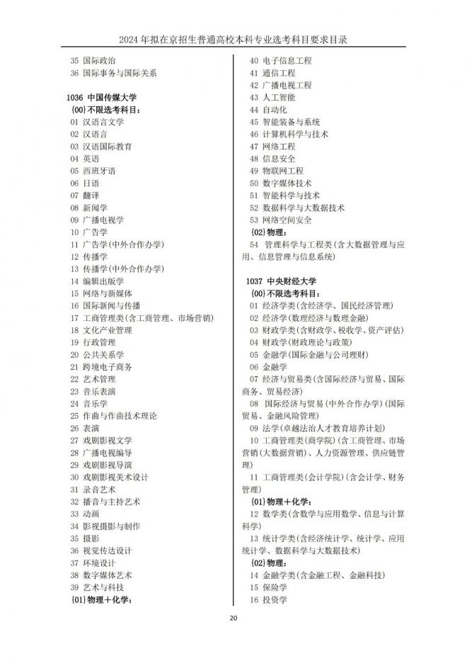 2024年拟在北京招生普通高校本科专业选考科目要求目录