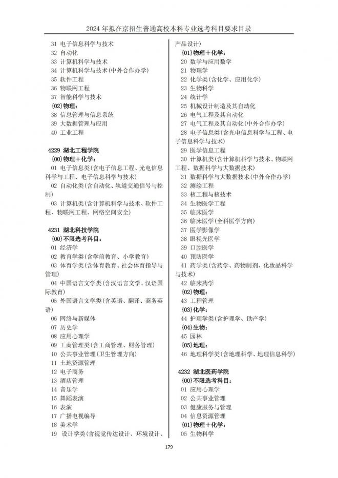 2024年拟在北京招生普通高校本科专业选考科目要求目录