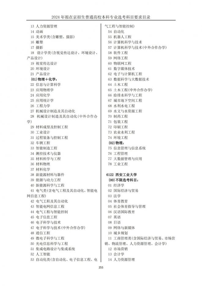 2024年拟在北京招生普通高校本科专业选考科目要求目录