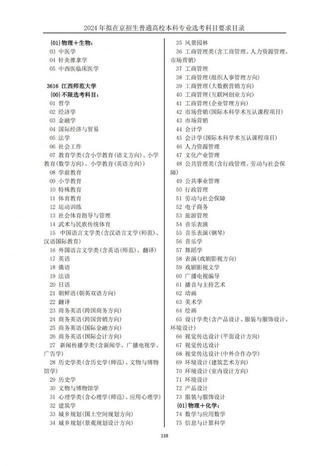 2024年拟在北京招生普通高校本科专业选考科目要求目录