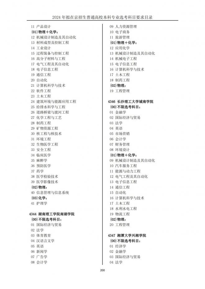 2024年拟在北京招生普通高校本科专业选考科目要求目录