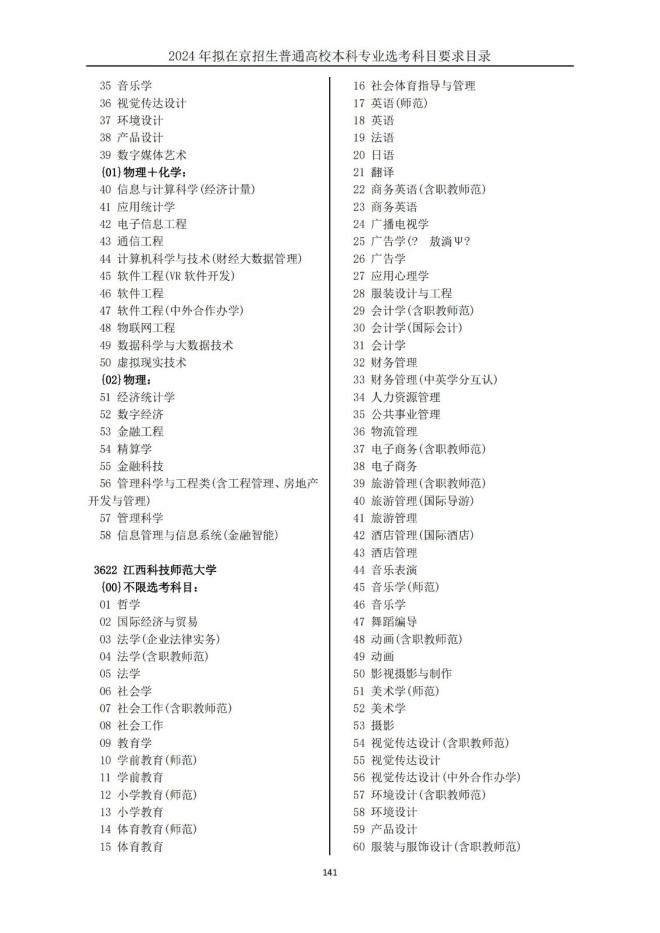 2024年拟在北京招生普通高校本科专业选考科目要求目录