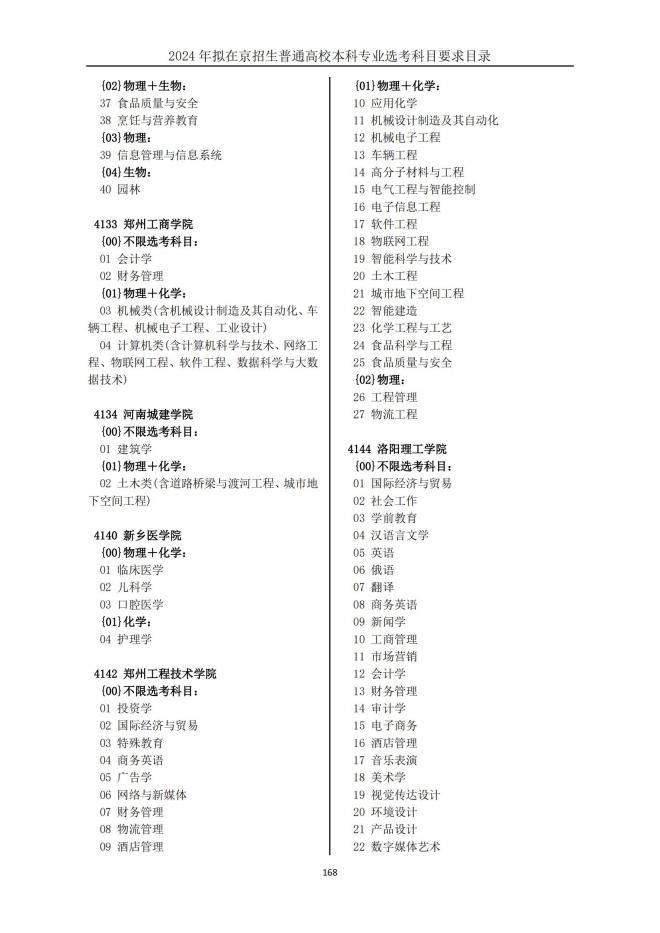 2024年拟在北京招生普通高校本科专业选考科目要求目录