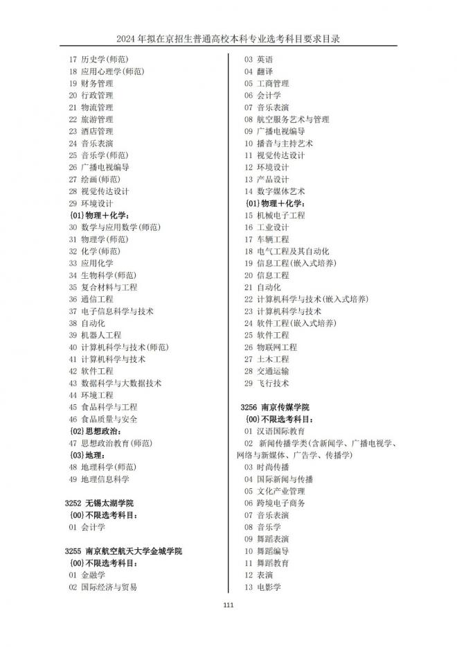 2024年拟在北京招生普通高校本科专业选考科目要求目录