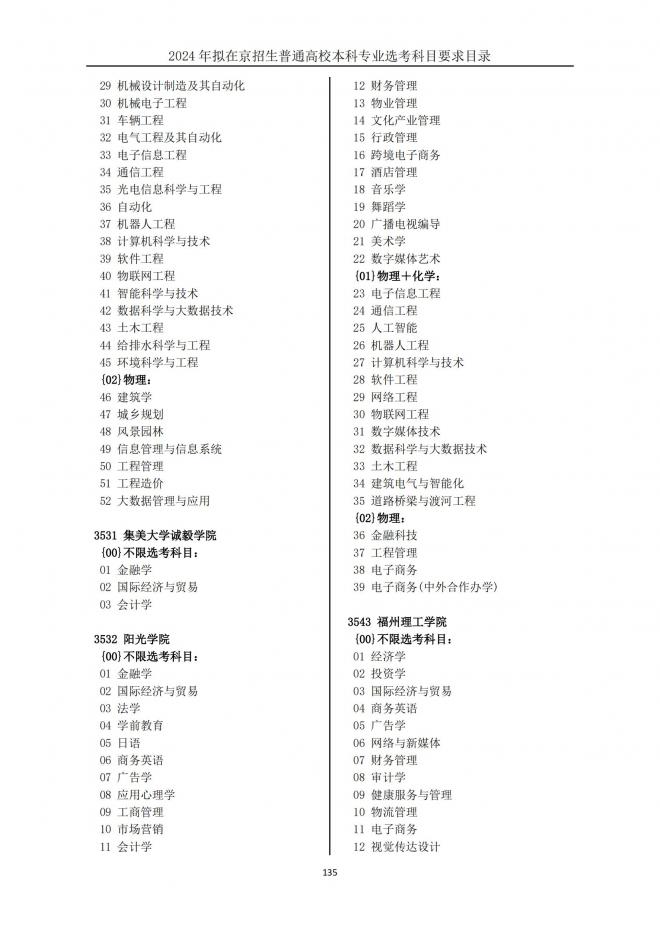 2024年拟在北京招生普通高校本科专业选考科目要求目录