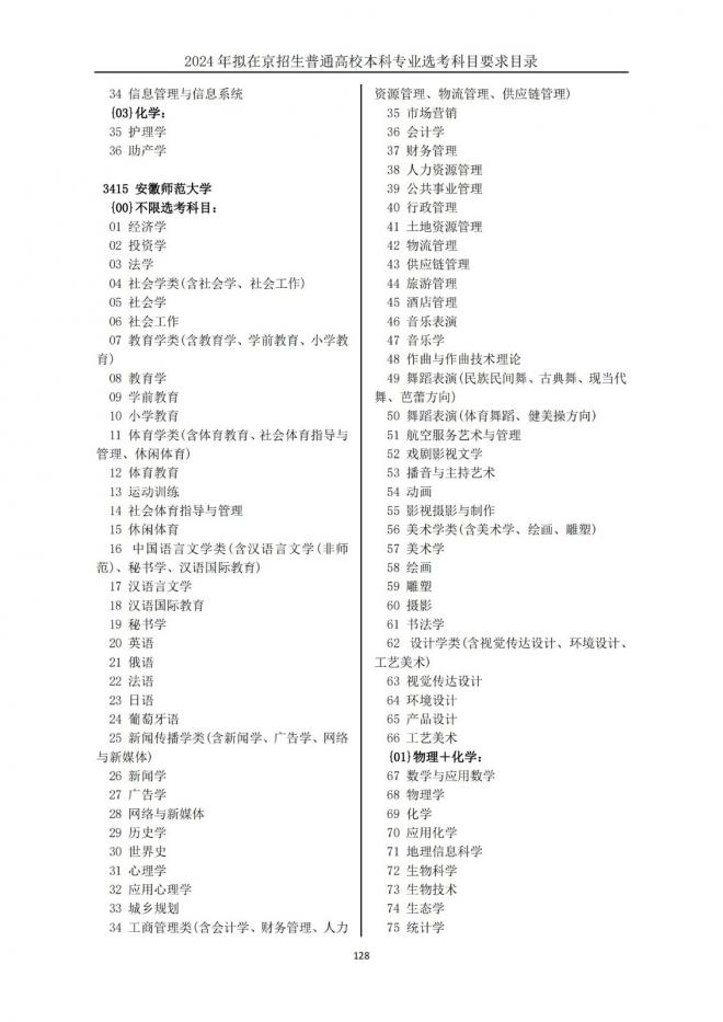 2024年拟在北京招生普通高校本科专业选考科目要求目录