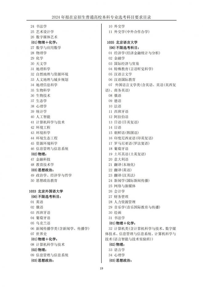 2024年拟在北京招生普通高校本科专业选考科目要求目录