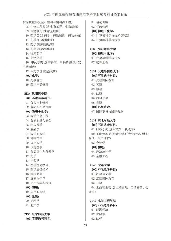 2024年拟在北京招生普通高校本科专业选考科目要求目录