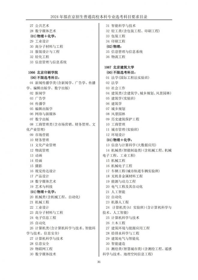 2024年拟在北京招生普通高校本科专业选考科目要求目录