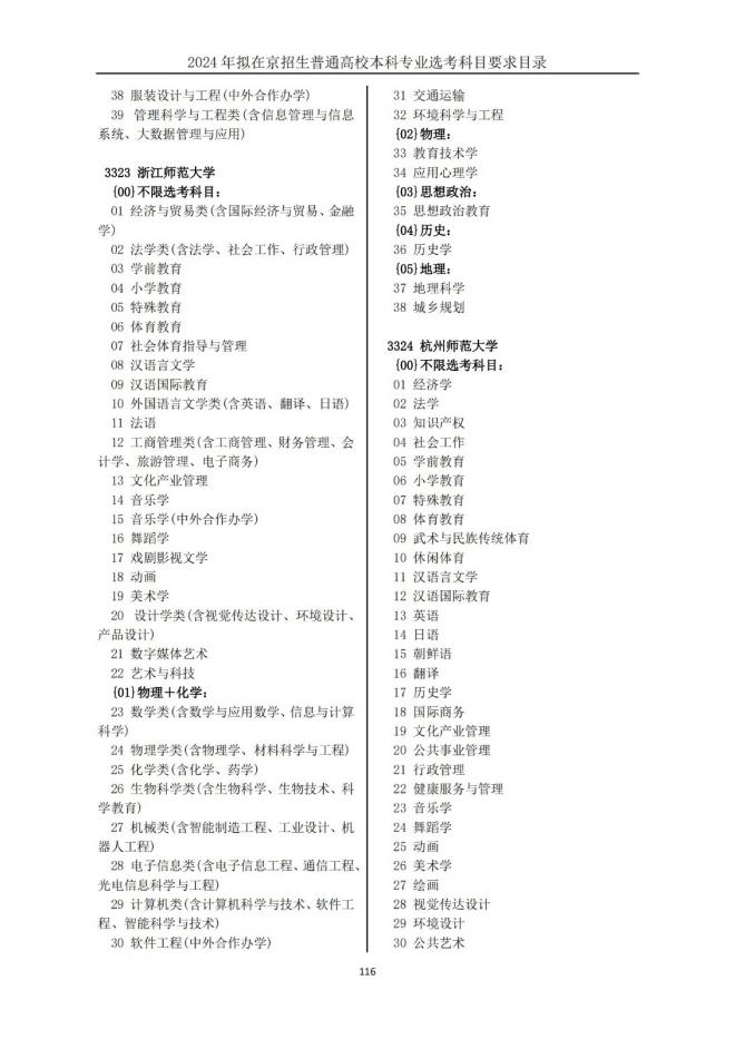 2024年拟在北京招生普通高校本科专业选考科目要求目录