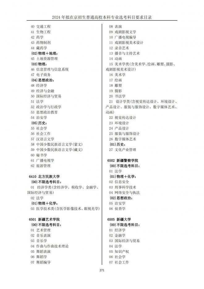 2024年拟在北京招生普通高校本科专业选考科目要求目录