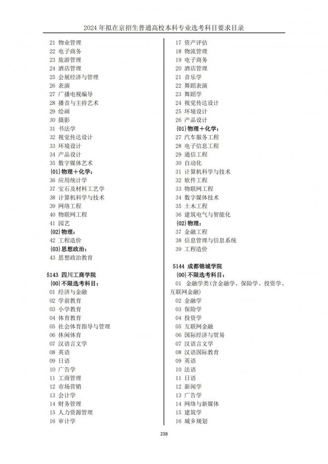 2024年拟在北京招生普通高校本科专业选考科目要求目录