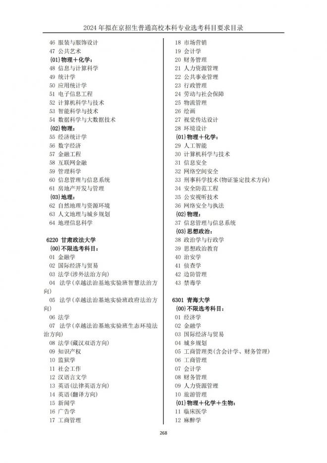 2024年拟在北京招生普通高校本科专业选考科目要求目录