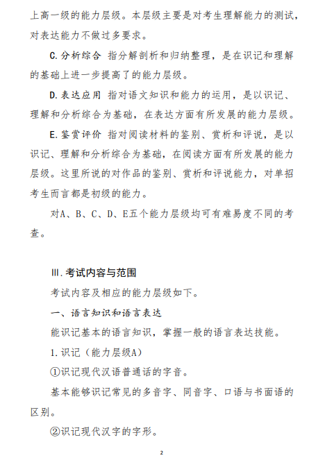 体育总局：普通高等学校运动训练、武术与民族传统体育专业招生文化考试大纲（2021版）语文考试大纲  2