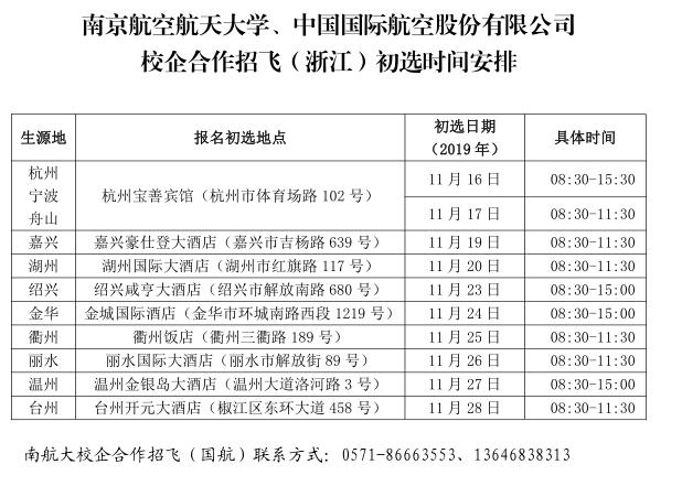 2020年南京航空航天大学、中国国际航空股份有限公司校企合作浙江招飞初选时间安排