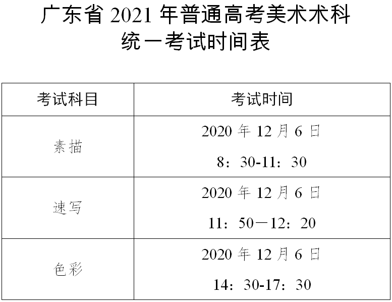 2021年广东普通高考美术术科统一考试时间表及考生守则