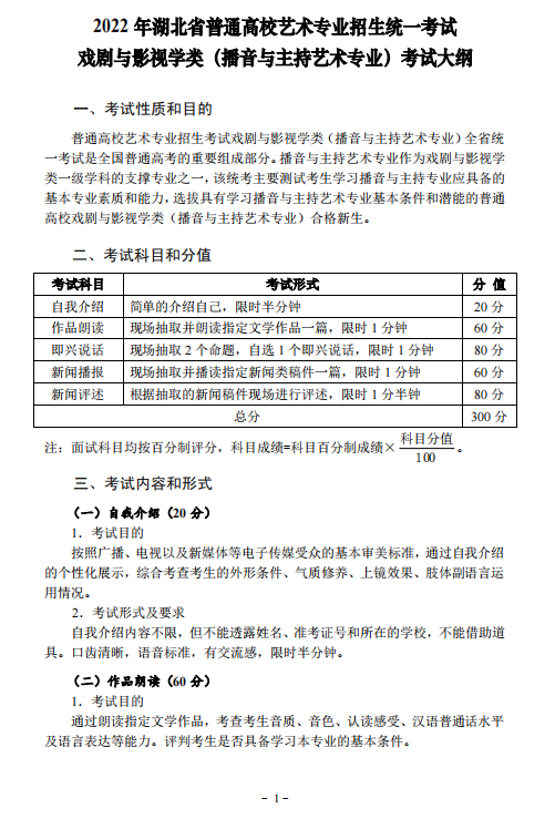 2022年湖北省艺术统考（播音与主持艺术专业）考试大纲