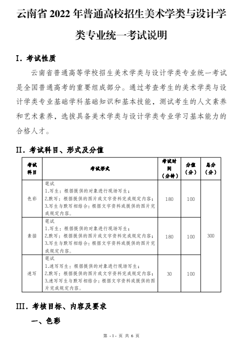 云南省2022年普通高校招生美术学类与设计学类专业统一考试说明1